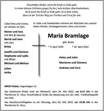 Anzeige von Maria Bramlage von OM-Medien