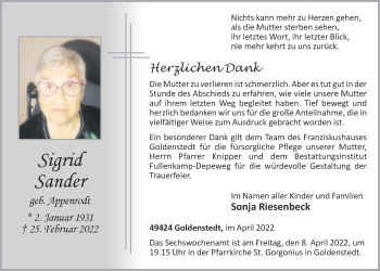 Anzeige von Sigrid Sander von OM-Medien