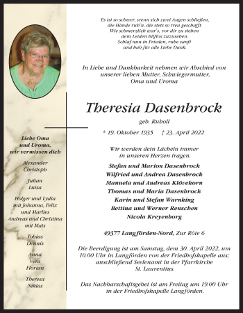 Anzeige von Theresia Dasenbrock von OM-Medien