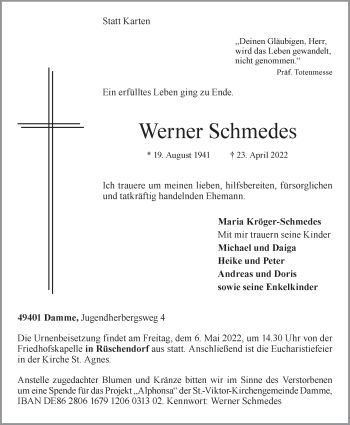 Anzeige von Werner Schmedes von OM-Medien