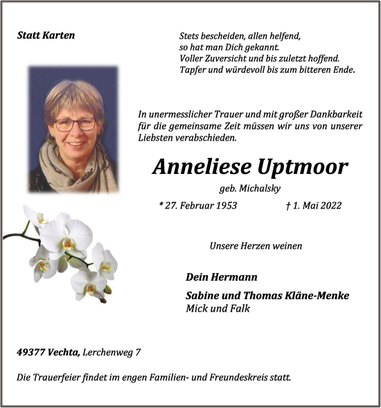 Anzeige von Anneliese Uptmoor von OM-Medien