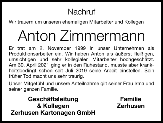 Anzeige von Anton Zimmermann von OM-Medien