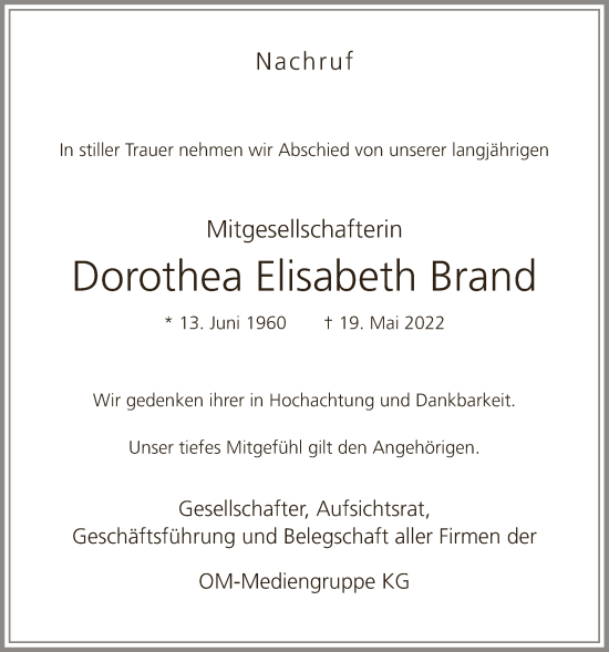 Anzeige von Dorothea Elisabeth Brand von OM-Medien