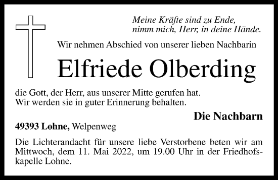 Anzeige von Elfriede Olberding von OM-Medien