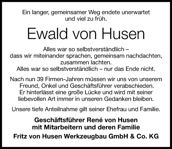 Anzeige von Ewald von Husen von OM-Medien