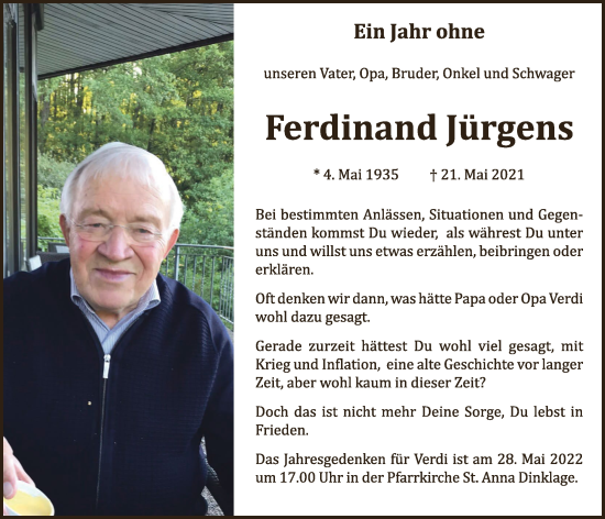 Anzeige von Ferdinand Jürgens von OM-Medien
