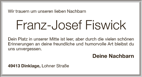 Anzeige von Franz-Josef Fiswick von OM-Medien