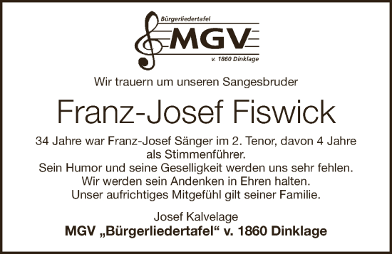 Anzeige von Franz-Josef Fiswick von OM-Medien