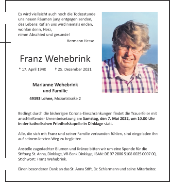 Anzeige von Franz Wehebrink von OM-Medien