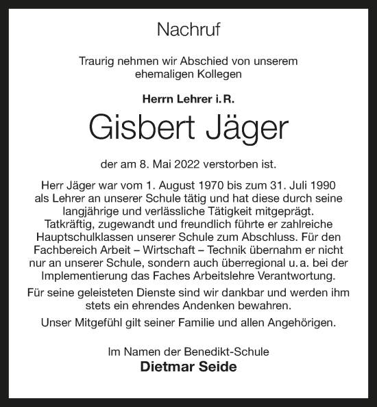Anzeige von Gisbert Jäger von OM-Medien