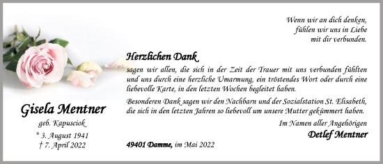 Anzeige von Gisela Mentner von OM-Medien