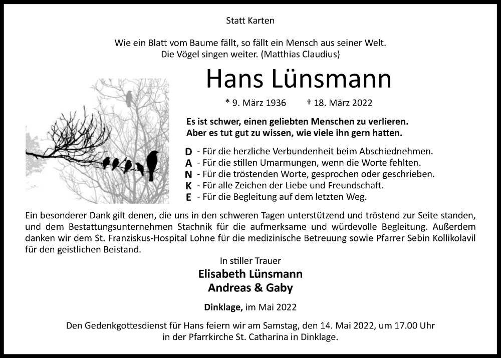  Traueranzeige für Hans Lünsmann vom 12.05.2022 aus OM-Medien