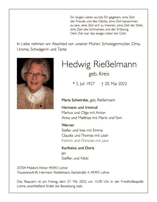 Anzeige von Hedwig Rießelmann von OM-Medien