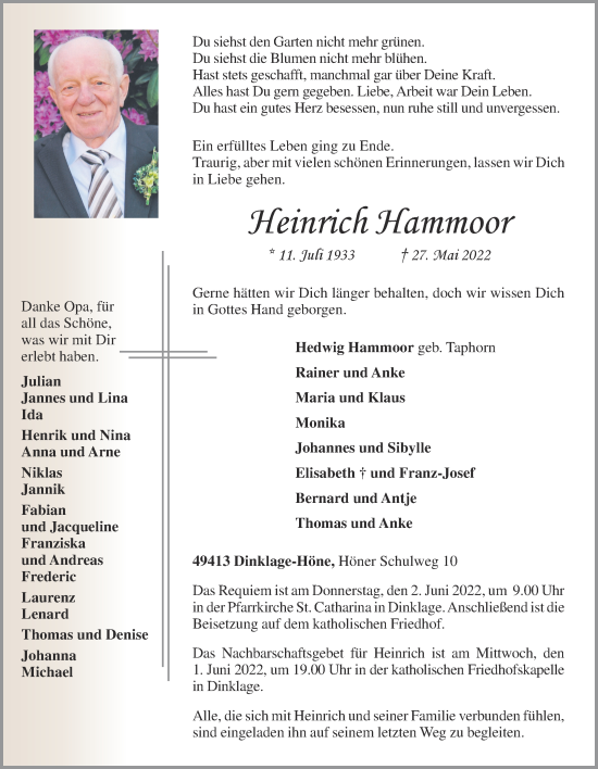 Anzeige von Heinrich Hammoor von OM-Medien