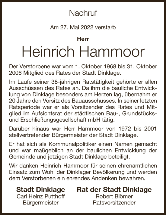 Anzeige von Heinrich Hammoor von OM-Medien