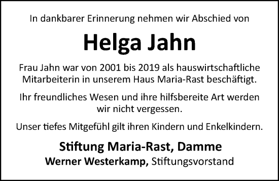 Anzeige von Helga Jahn von OM-Medien