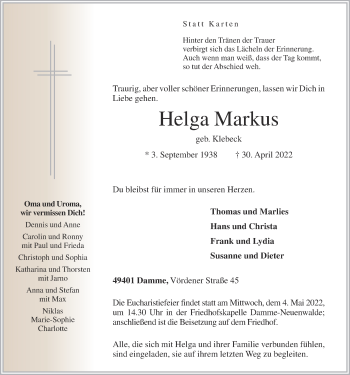 Anzeige von Helga Markus von OM-Medien