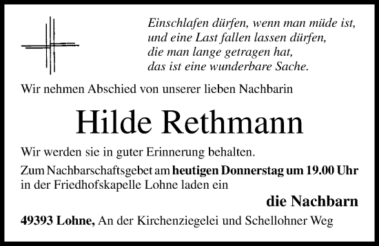 Anzeige von Hilde Rethmann von OM-Medien