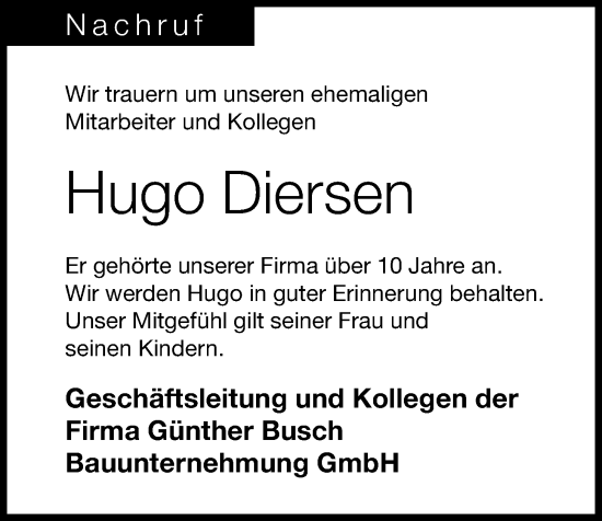 Anzeige von Hugo Diersen von OM-Medien