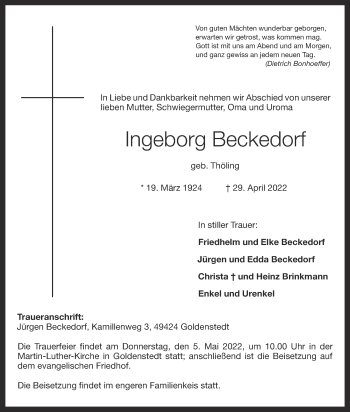 Anzeige von Ingeborg Beckedorf von OM-Medien