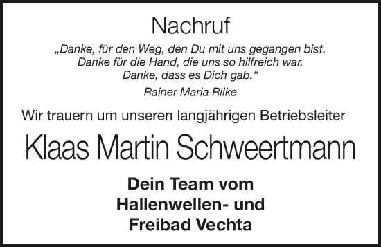 Anzeige von Klaas Martin Schweertmann von OM-Medien