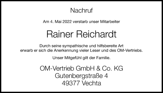 Anzeige von Rainer Reichardt von OM-Medien