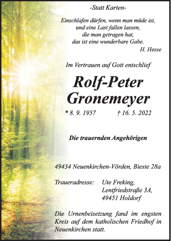 Anzeige von Rolf-Peter Gronemeyer von OM-Medien