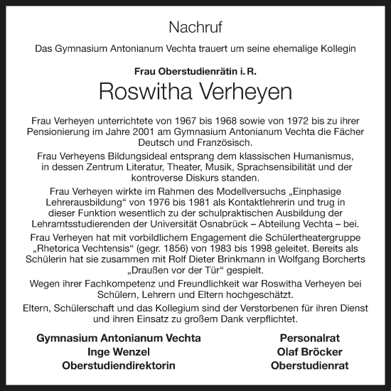 Anzeige von Roswitha Verheyen von OM-Medien