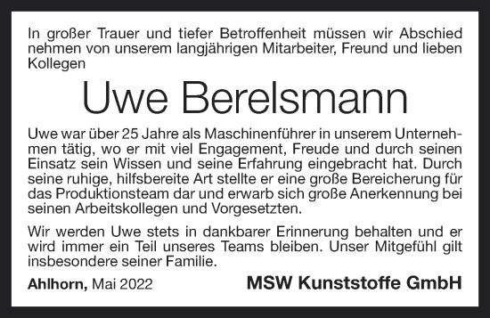 Anzeige von Uwe Berelsmann von OM-Medien