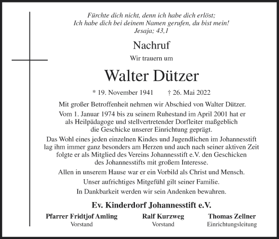 Anzeige von Walter Dützer von OM-Medien