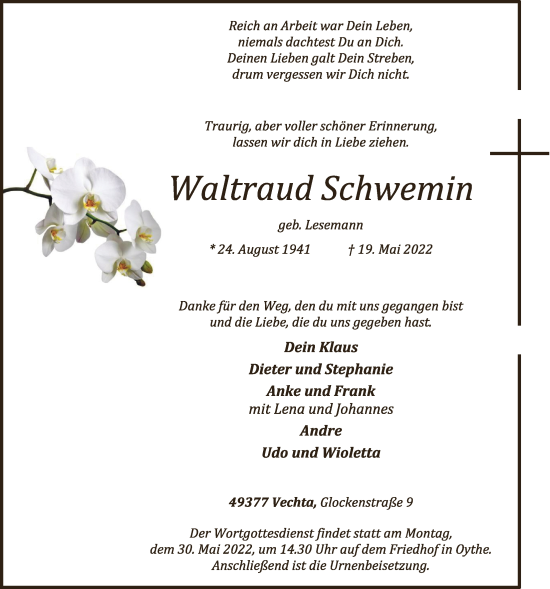 Anzeige von Waltraud Schwemin von OM-Medien