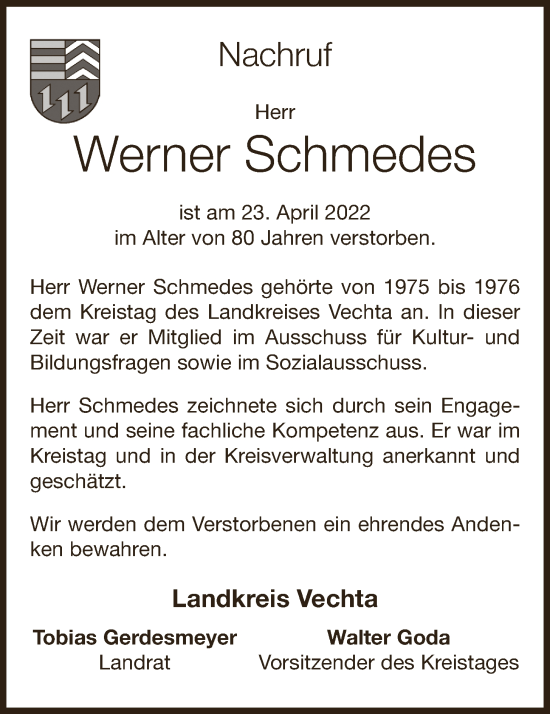 Anzeige von Werner Schmedes von OM-Medien