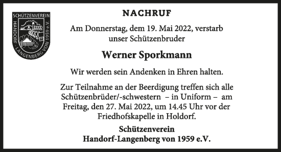 Anzeige von Werner Sporkmann von OM-Medien