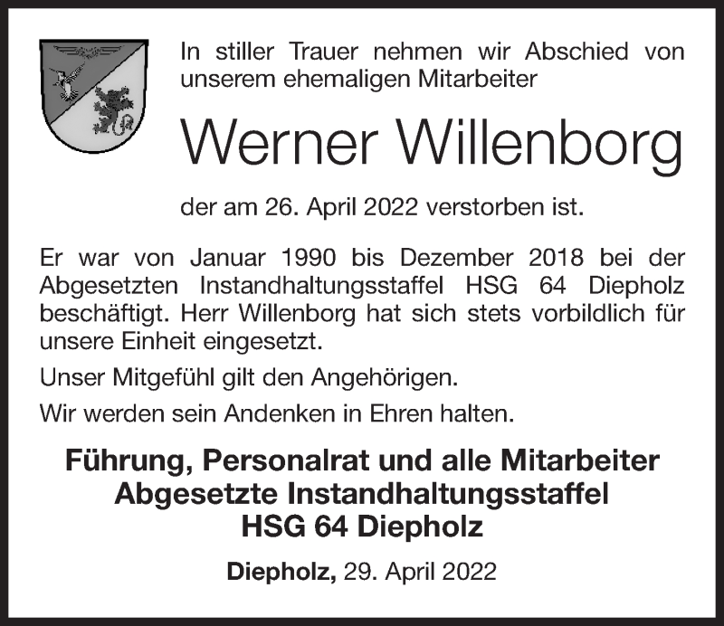  Traueranzeige für Werner Willenborg vom 02.05.2022 aus OM-Medien