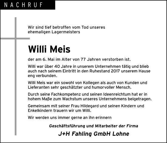 Anzeige von Willi Meis von OM-Medien