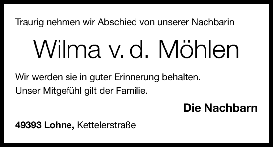 Anzeige von Wilma v. d. Möhlen von OM-Medien
