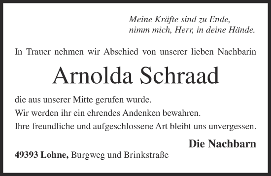 Anzeige von Arnolda Schraad von OM-Medien