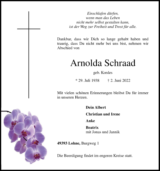 Anzeige von Arnolda Schraad von OM-Medien