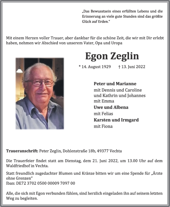 Anzeige von Egon Zeglin von OM-Medien