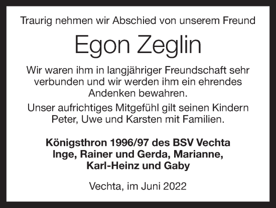 Anzeige von Egon Zeglin von OM-Medien