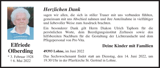 Anzeige von Elfriede Olberding von OM-Medien