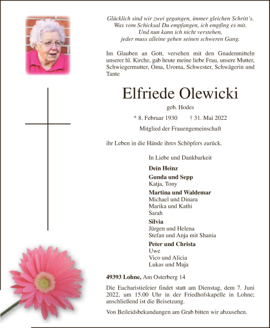 Anzeige von Elfriede Olewicki von OM-Medien