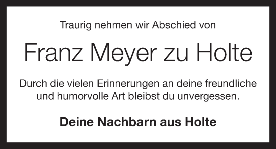 Anzeige von Franz Meyer zu Holte von OM-Medien