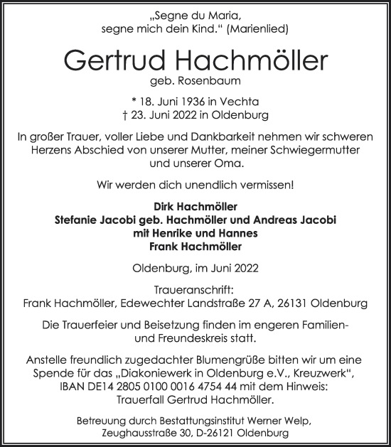 Anzeige von Gertrud Hachmöller von OM-Medien