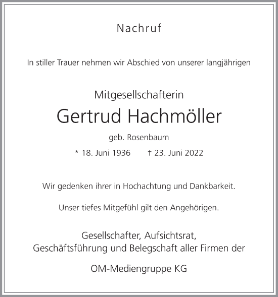 Anzeige von Gertrud Hachmöller von OM-Medien