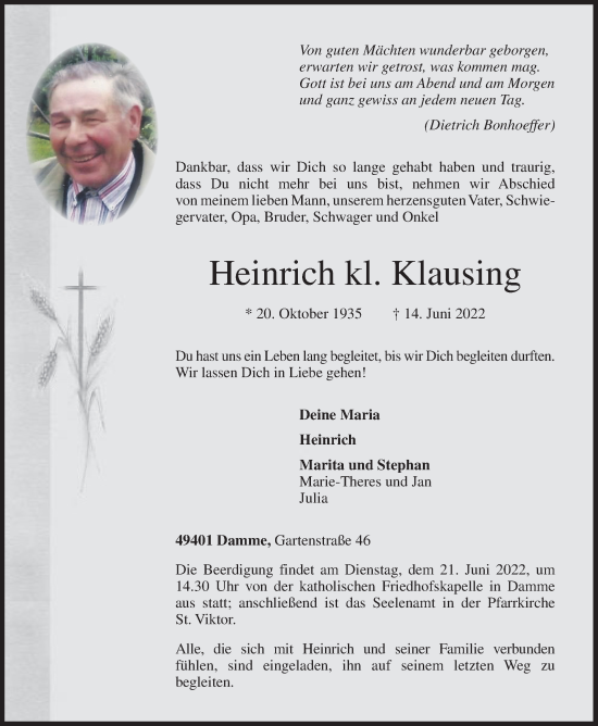 Anzeige von Heinrich Klausing von OM-Medien