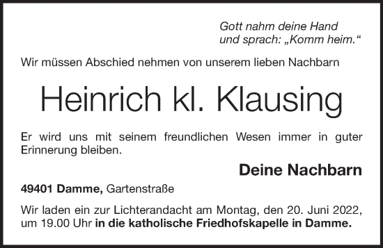 Anzeige von Heinrich Klausing von OM-Medien