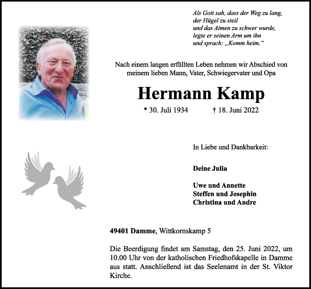  Traueranzeige für Hermann Kamp vom 21.06.2022 aus OM-Medien