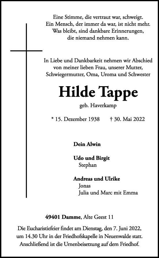 Anzeige von Hilde Tappe von OM-Medien