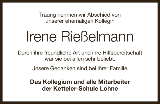Anzeige von Irene Rießelmann von OM-Medien